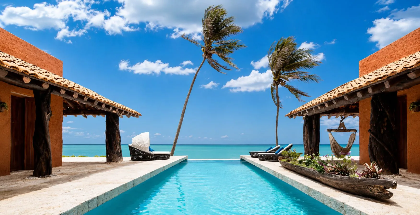 The lap pool at Casa Corazon, framed by palapas and the Caribbean